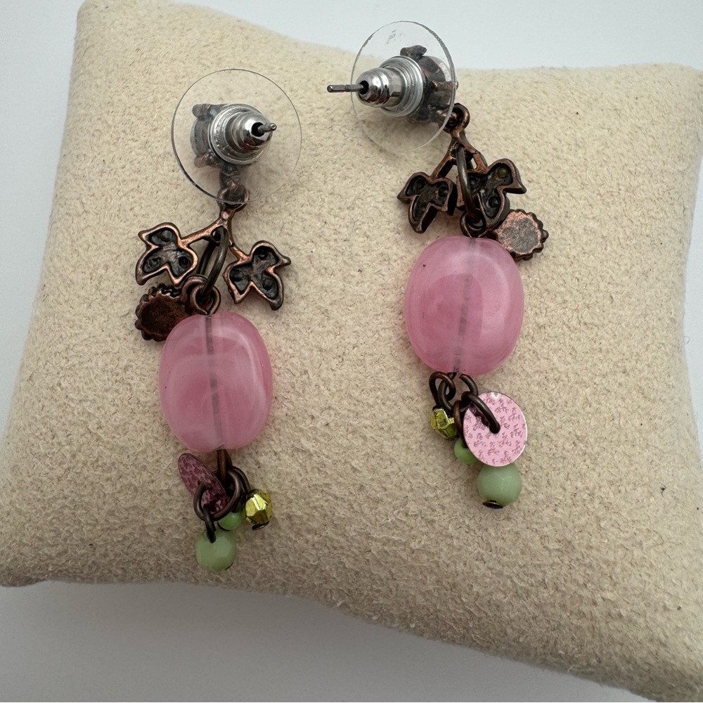 Anthropologie Pink Floral Crystal Drop Earrings Mint Green Statement - Picture 6 of 10